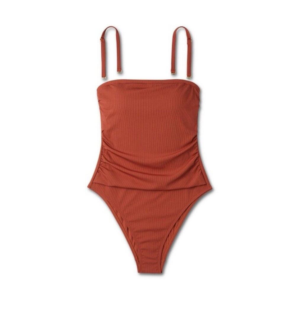Shade & Shore Shirred Ribbed Bandeau Cheeky One Piece Swimsuit Womens X-small